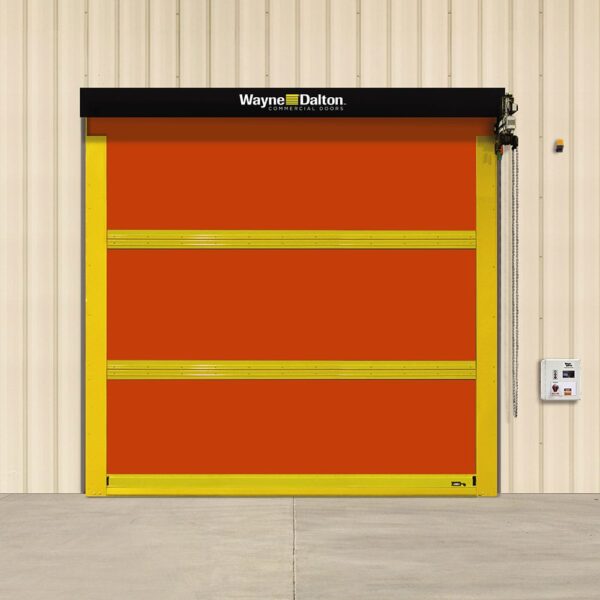 High Speed garage doors can close at speeds nearly 15x faster than conventional doors. A red panel commercial garage door with yellow brackets.