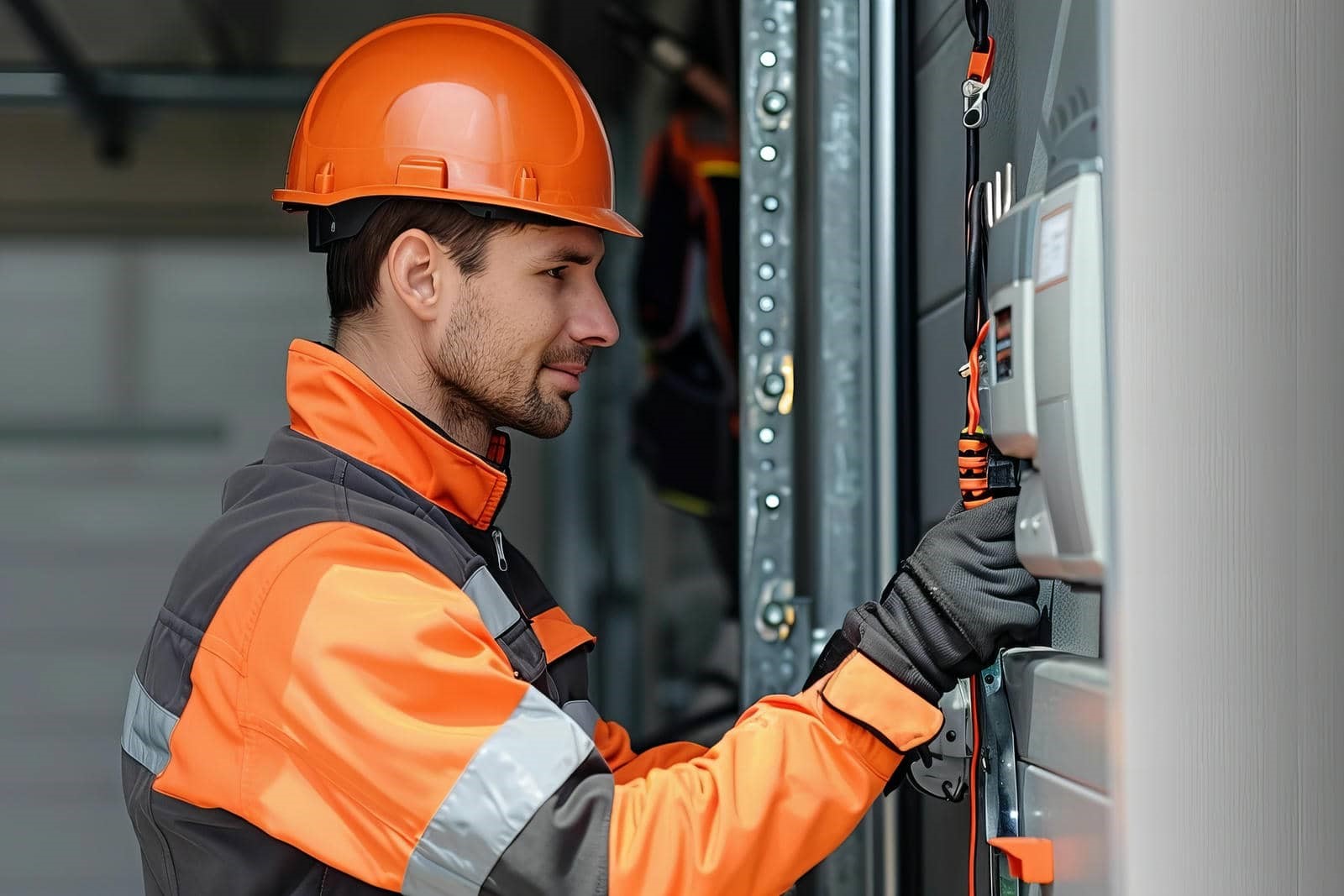 Worker inspecting garage door mechanism.