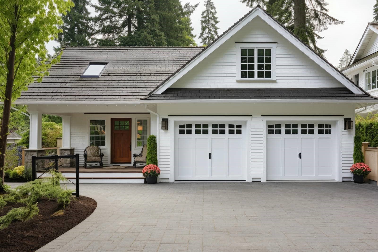 Modern home with stylish garage doors.