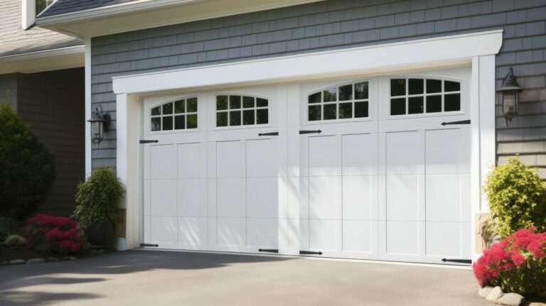 White garage door with decorative windows.