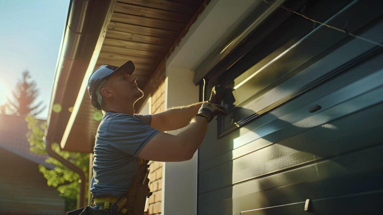 Person repairing a garage door outdoors.