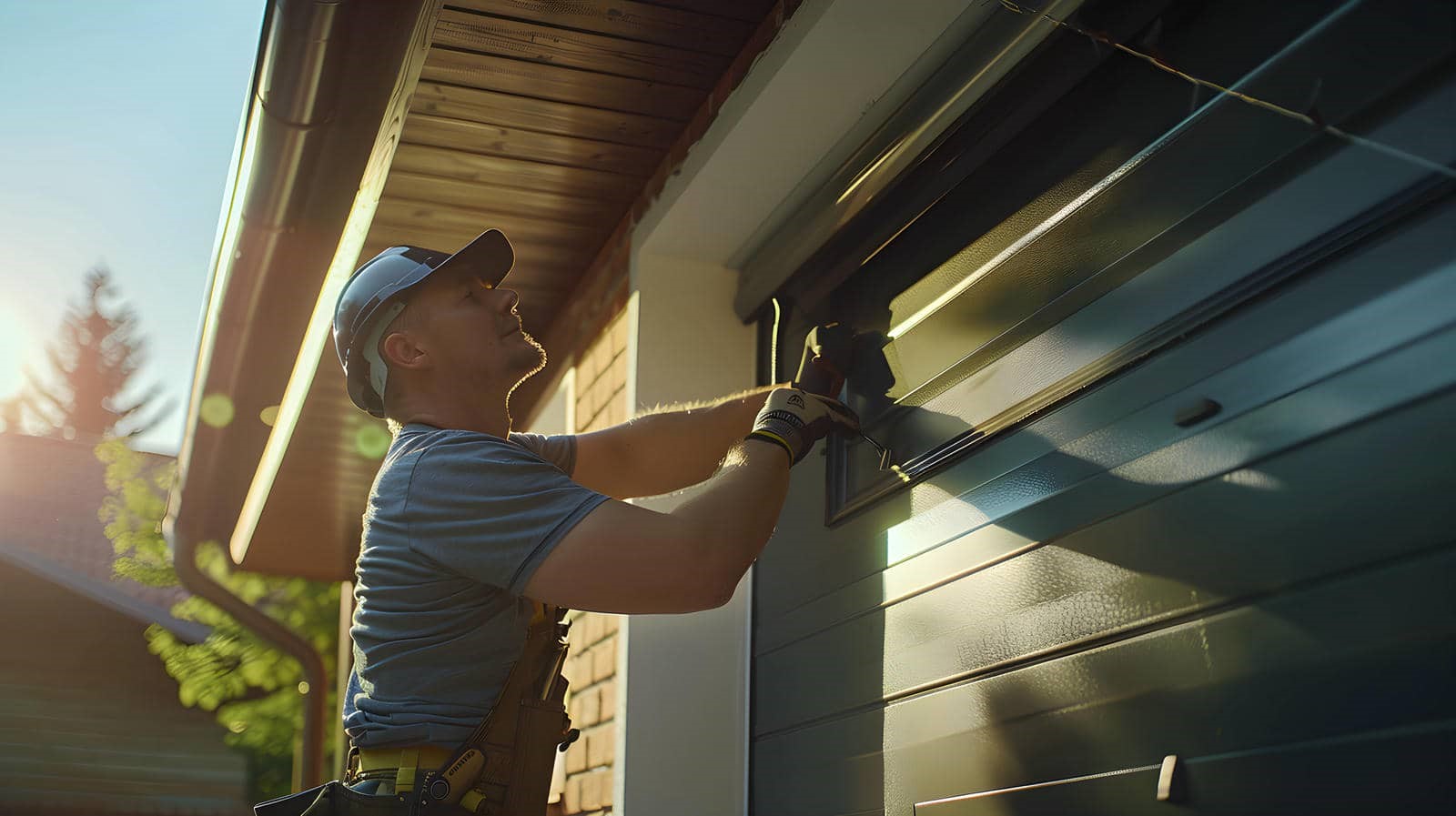 Person repairing a garage door outdoors.