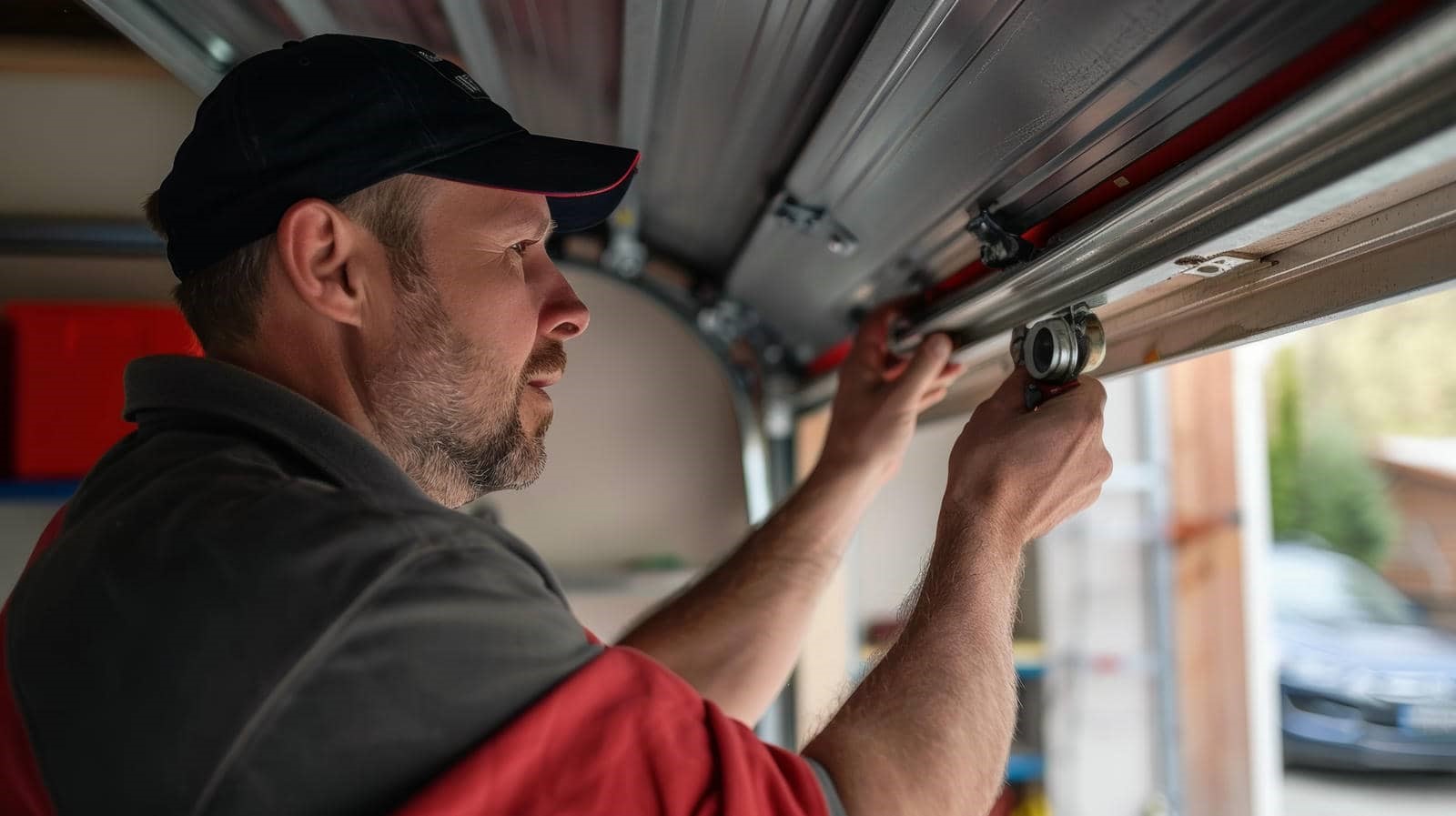 Man installing garage door hardware.