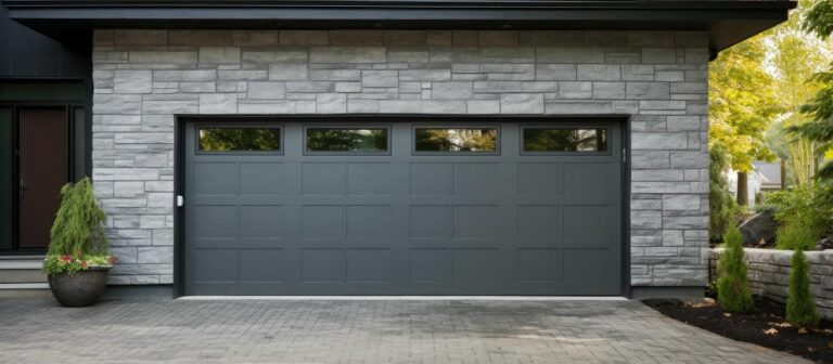 Modern garage door with stone facade.