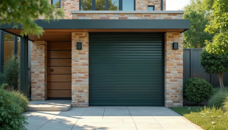 Modern garage door with stone facade.