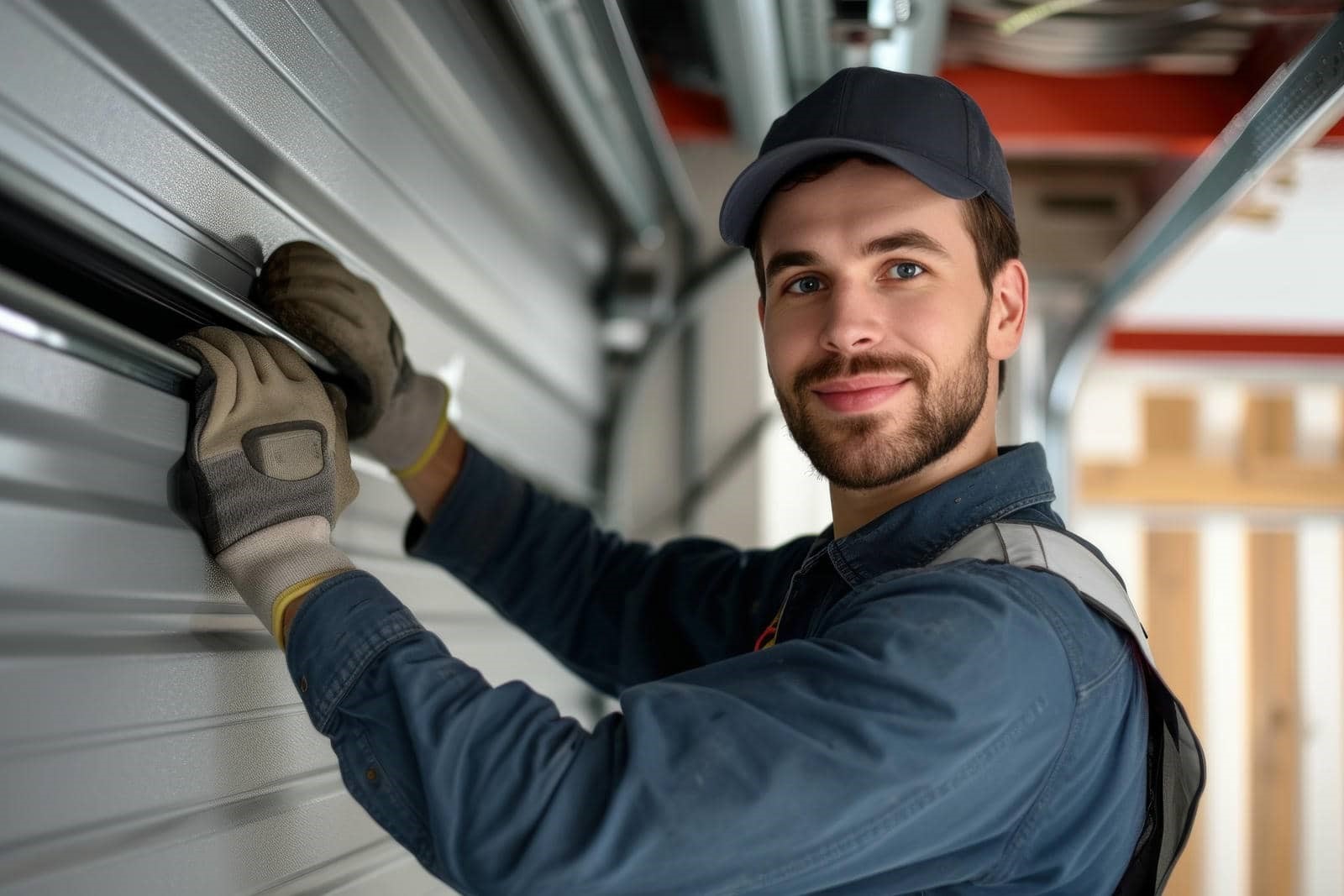 Person repairing a garage door.
