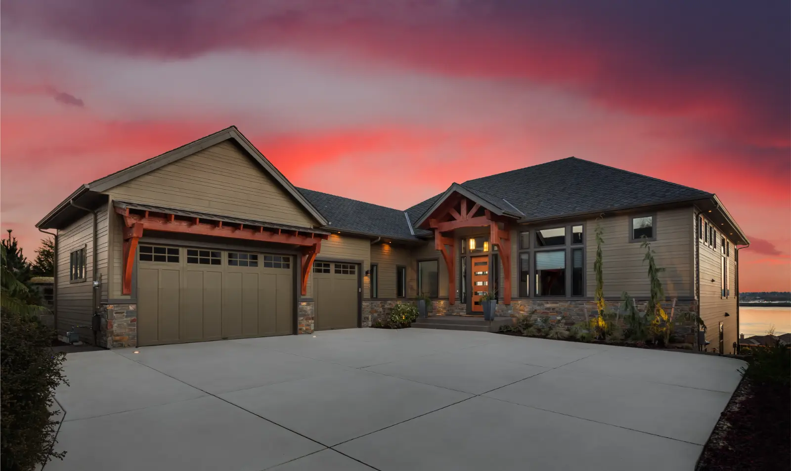 Beautiful Luxury Home Exterior at with some Sunset Tips for Garage Door