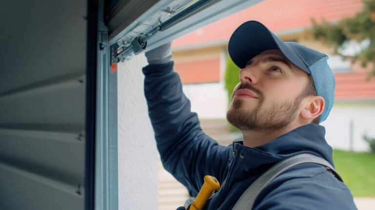Person installing a garage door.