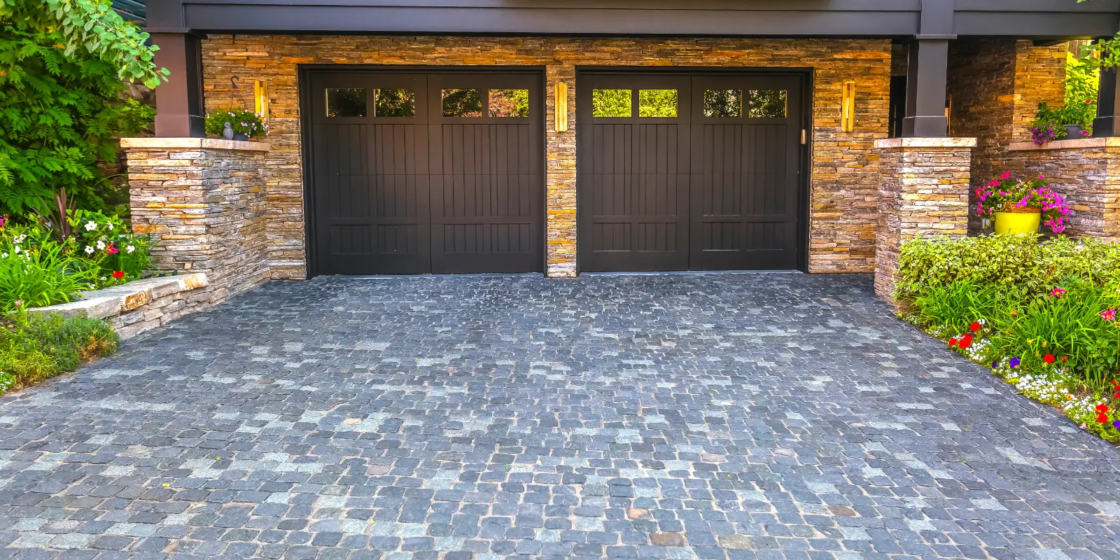 Premium Garage Door Openers Brick-stone driveway double garage doors pano