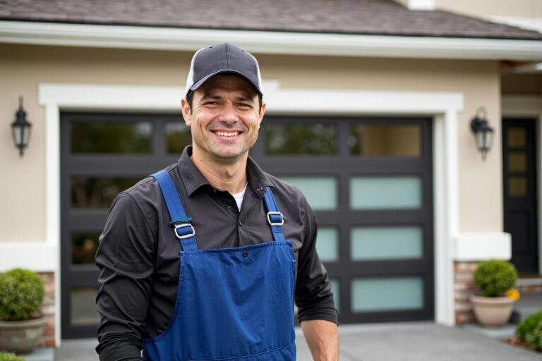 Man in blue overalls by garage