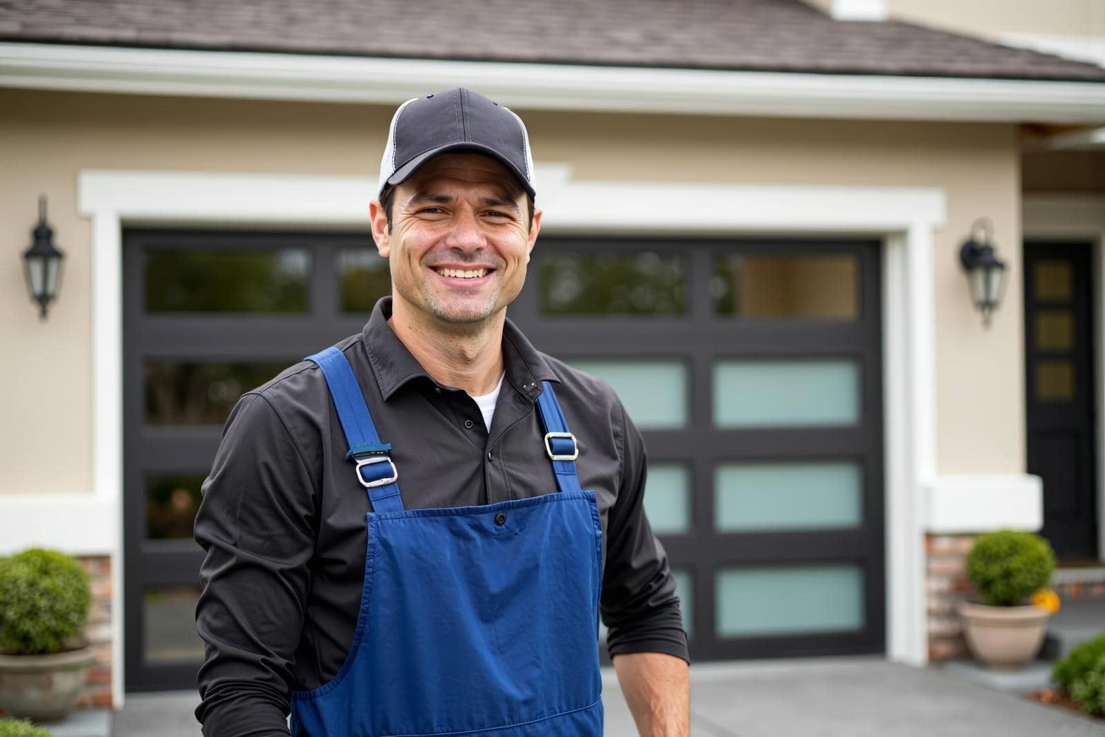 Man in blue overalls by garage