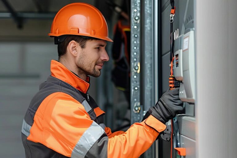 Worker repairing garage door equipment.
