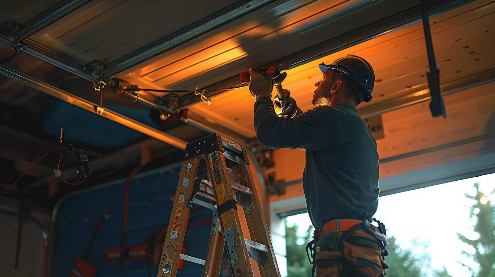 Person repairing garage door with tools.