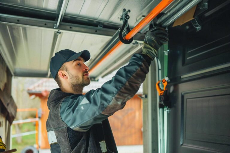 Person repairing a garage door mechanism.