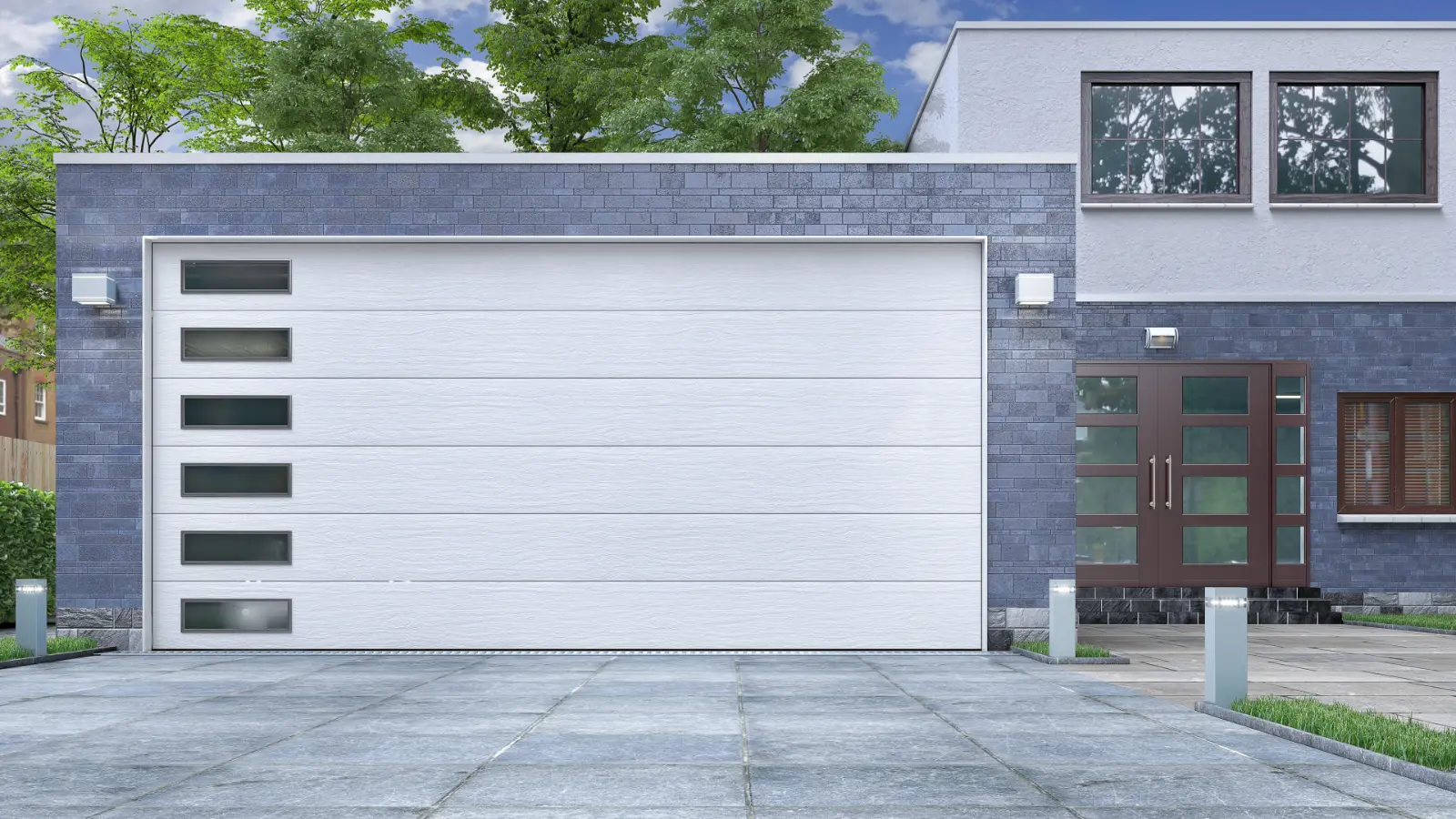 Garage entrance transformation with Low-Cost Local Garage Door Accessories 3D illustration.