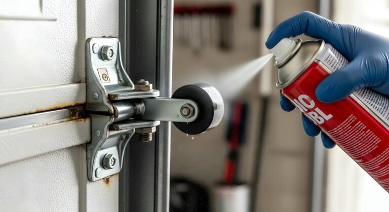 Lubricating garage door hardware with spray