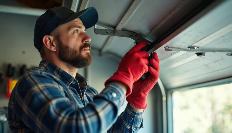 Person repairing garage door mechanism.