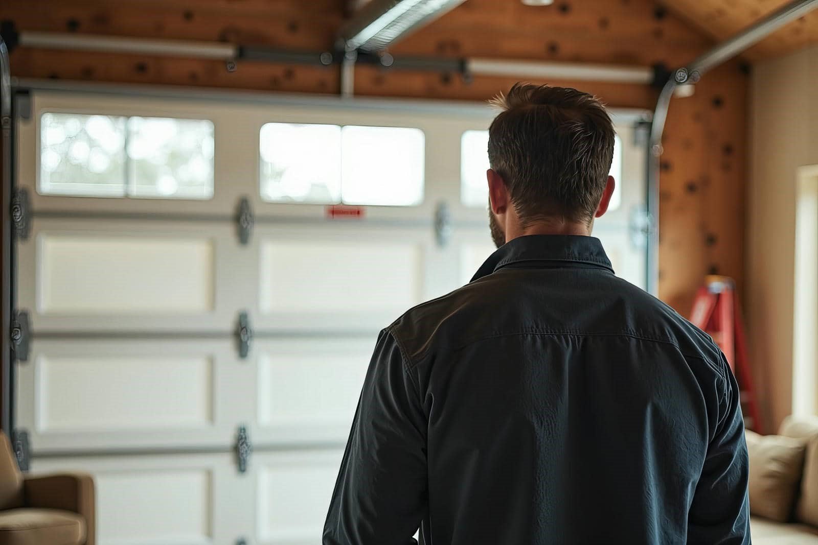 Man facing garage door interior