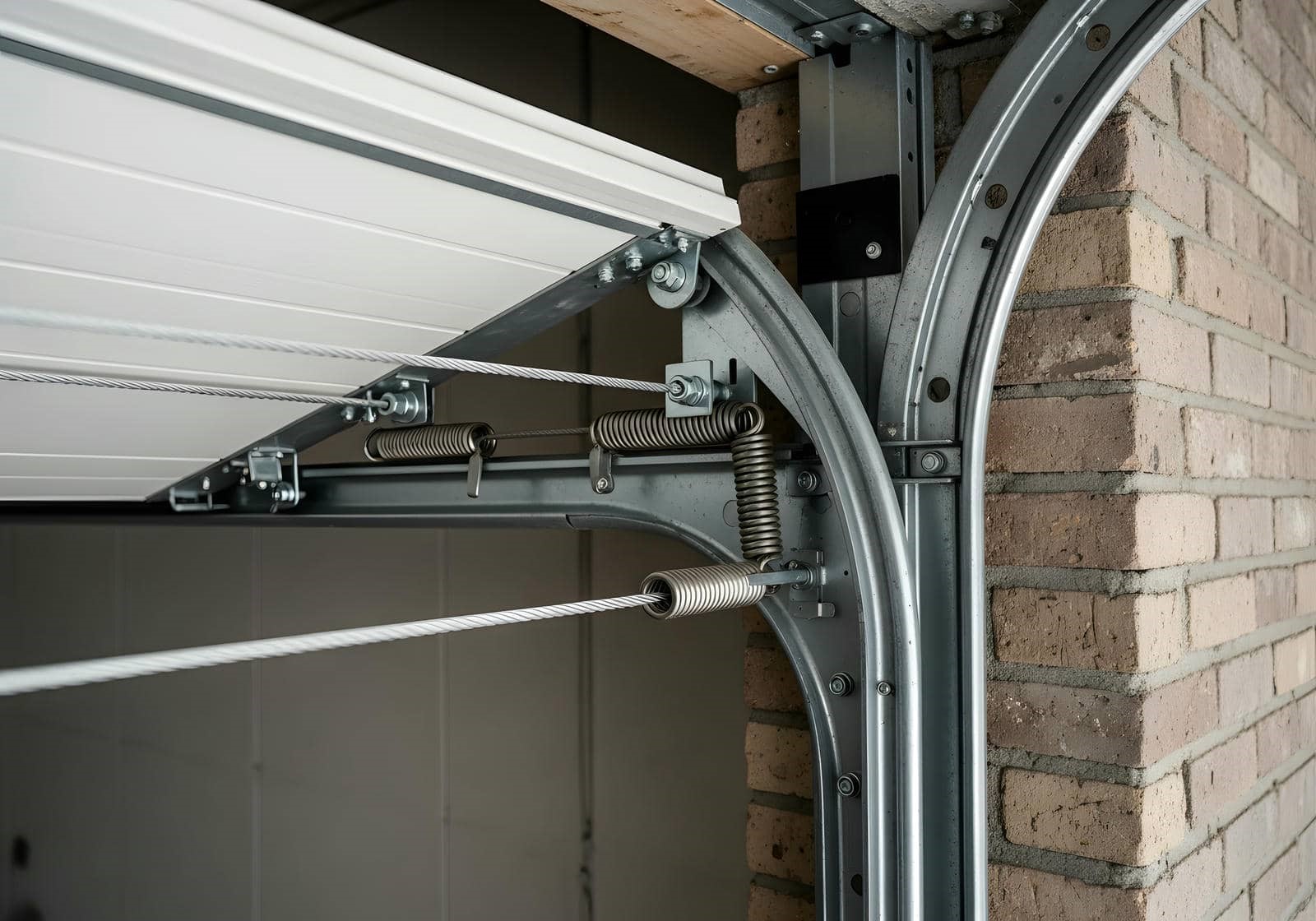 Garage door mechanism with springs and cables.