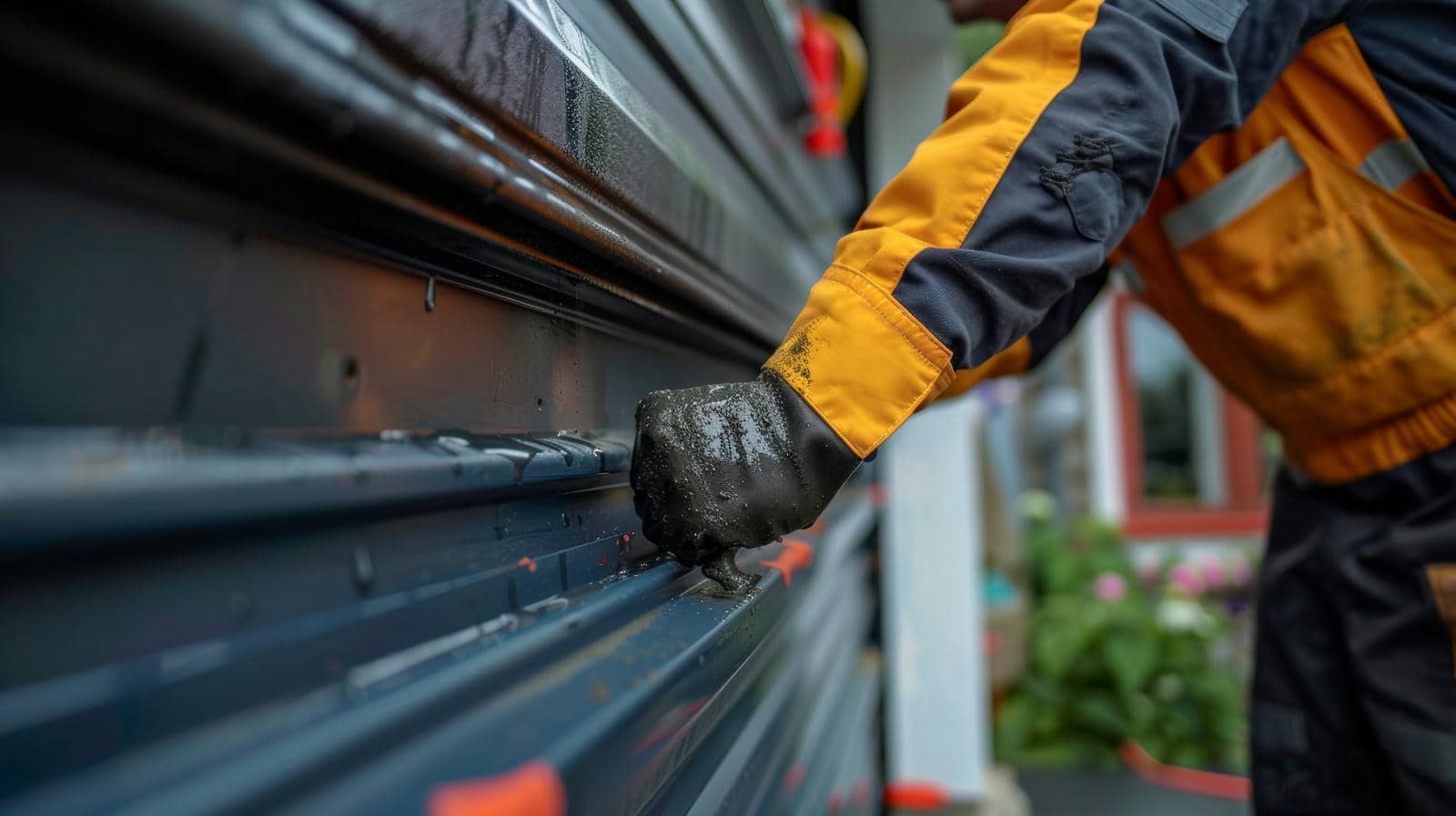 Person repairing a garage door track