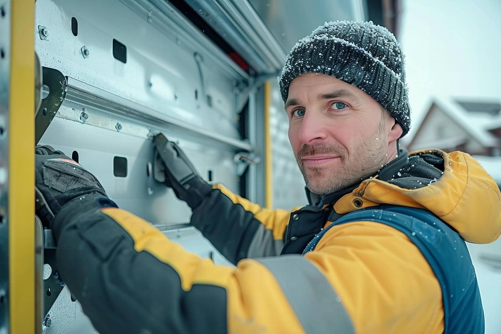 Person repairing a garage door outdoors.