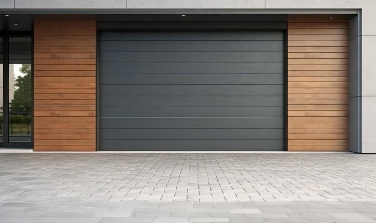 Modern garage door with wood accents