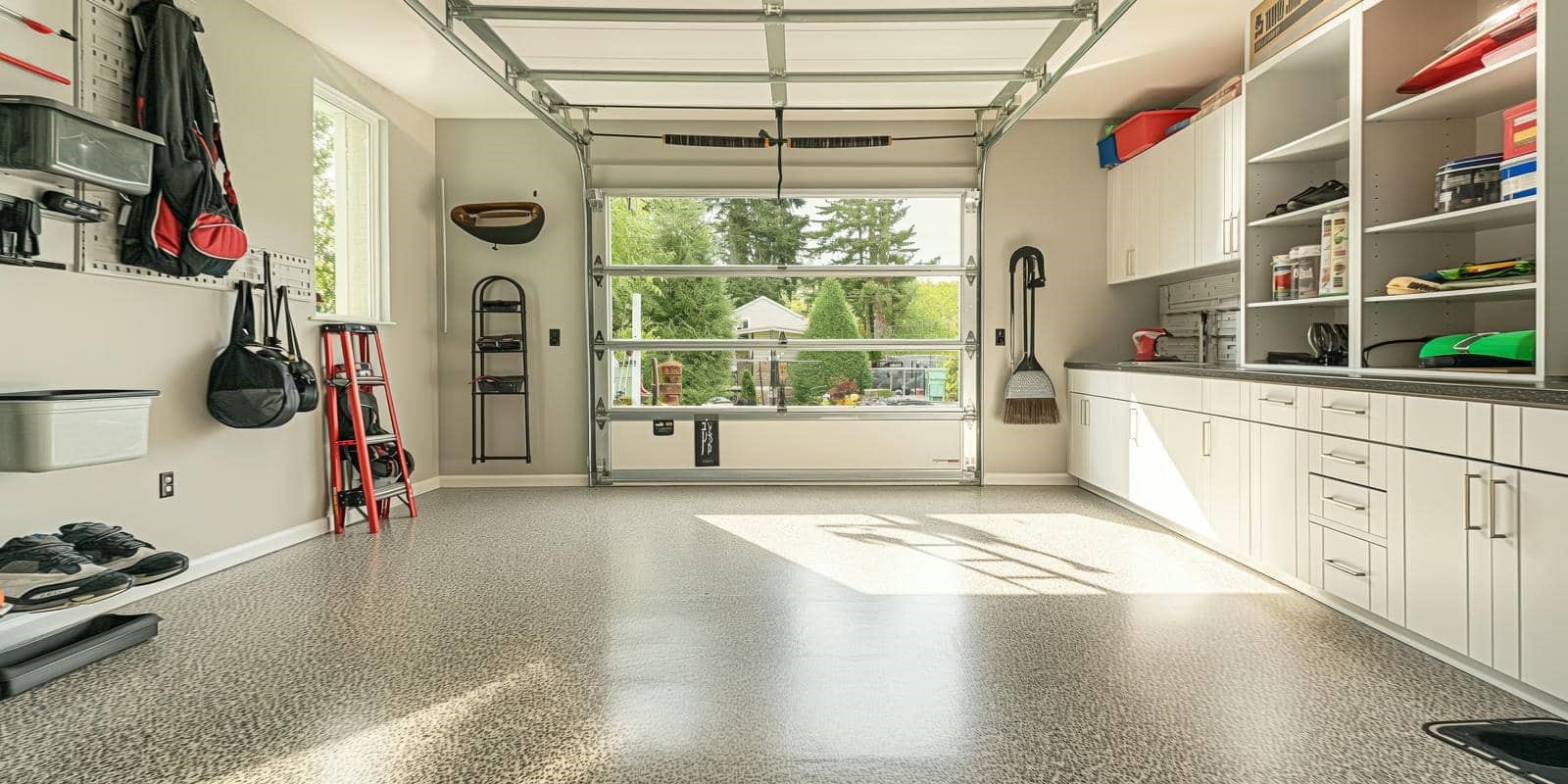 Modern garage with organized storage space.