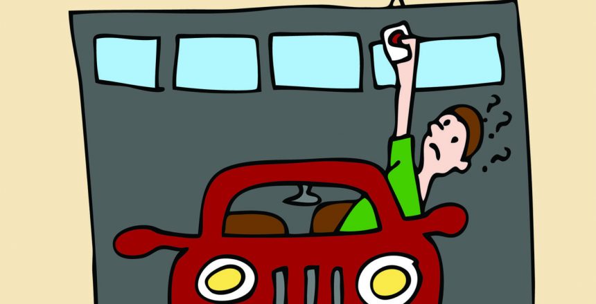 What happens when your garage door won't open? An illustration of a man trying to open his garage door from inside his car.